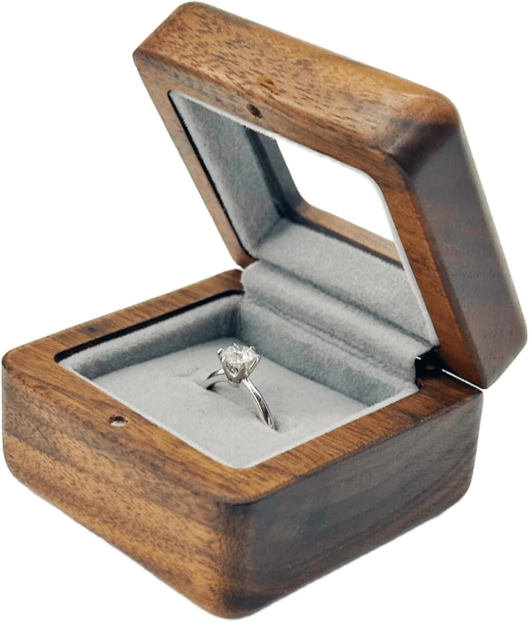 Handmade Black Walnut Wood Ring Box with Glass Lid and Velvet Lining, Minimalist Jewelry Organizer for Engagement, Proposal, Wedding, or Daily Storage, Display Case for Diamond Rings(1 Slots)